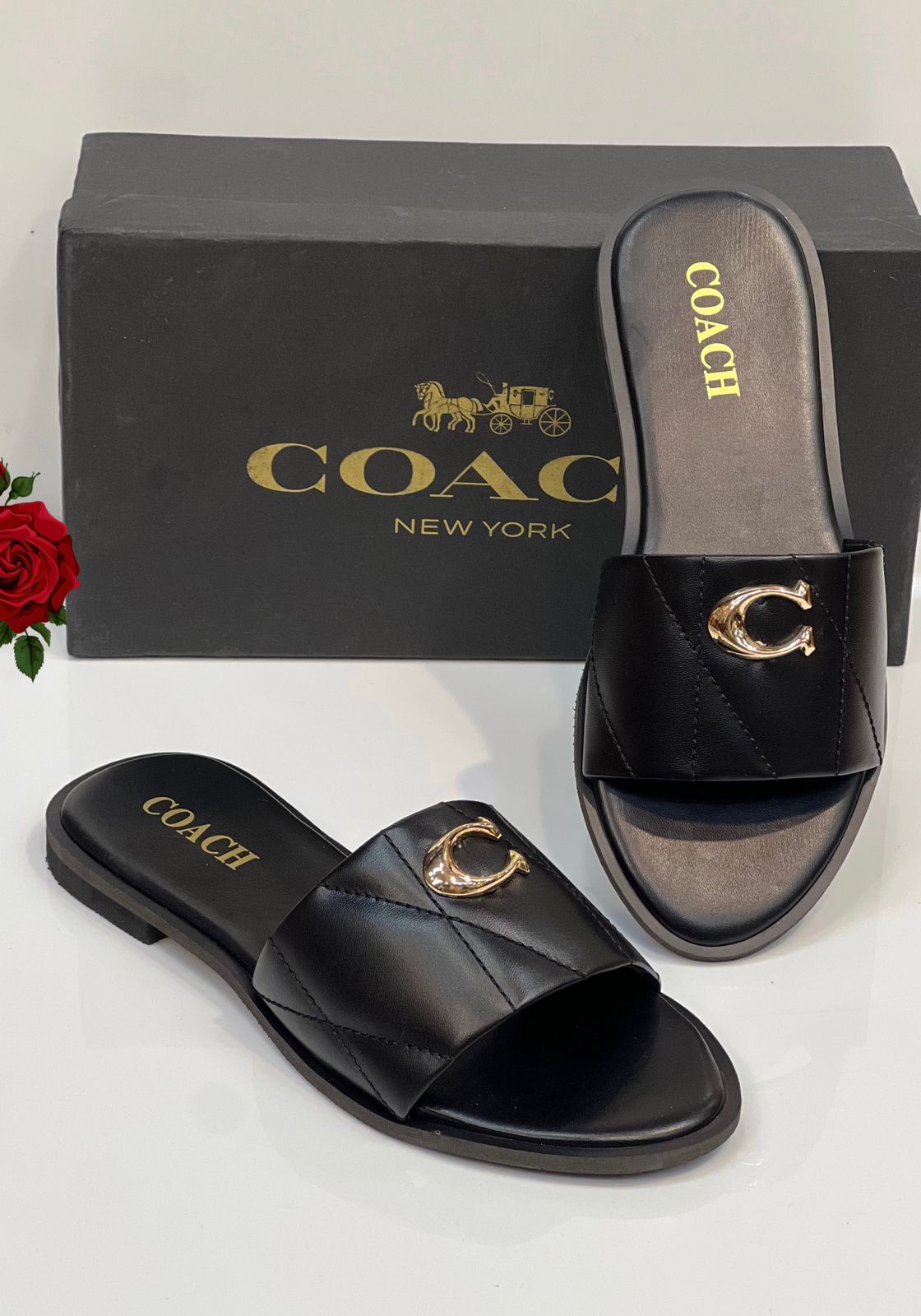 Coach Black & White Flat Slippers Official Model Sizes 36–42