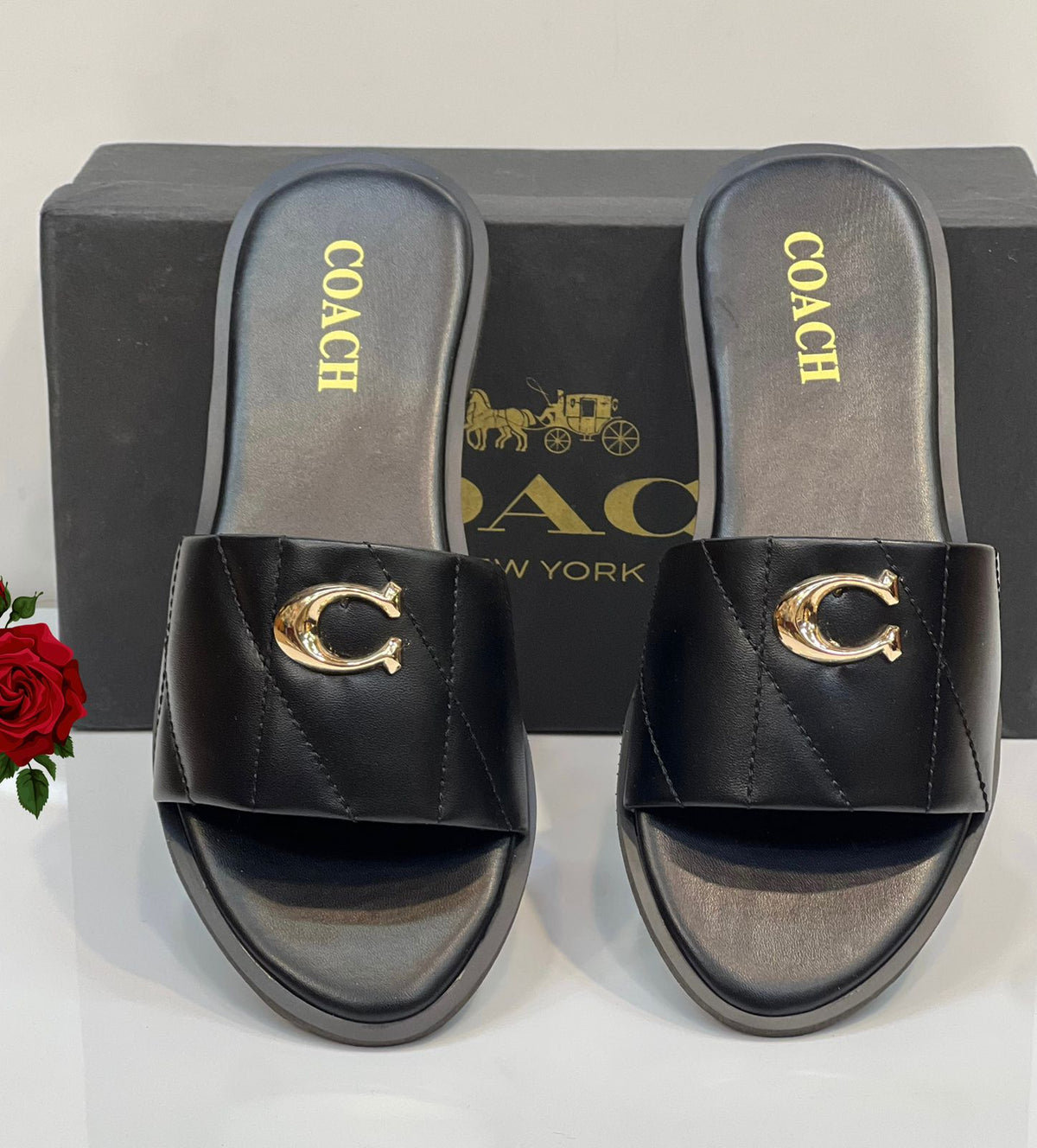 Coach Black & White Flat Slippers Official Model Sizes 36–42