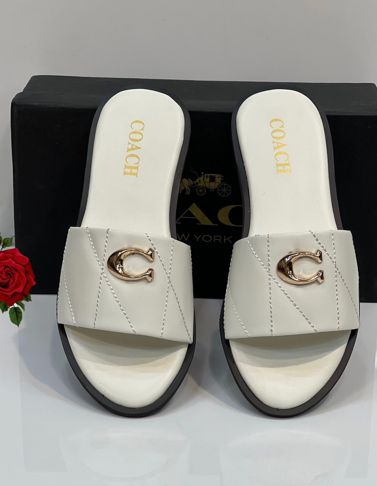 Coach Black & White Flat Slippers Official Model Sizes 36–42