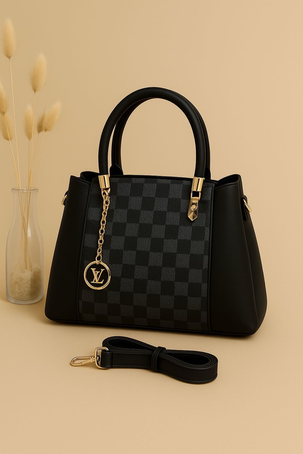 High Quality LV Handbag with Long Belt & Random Keychain