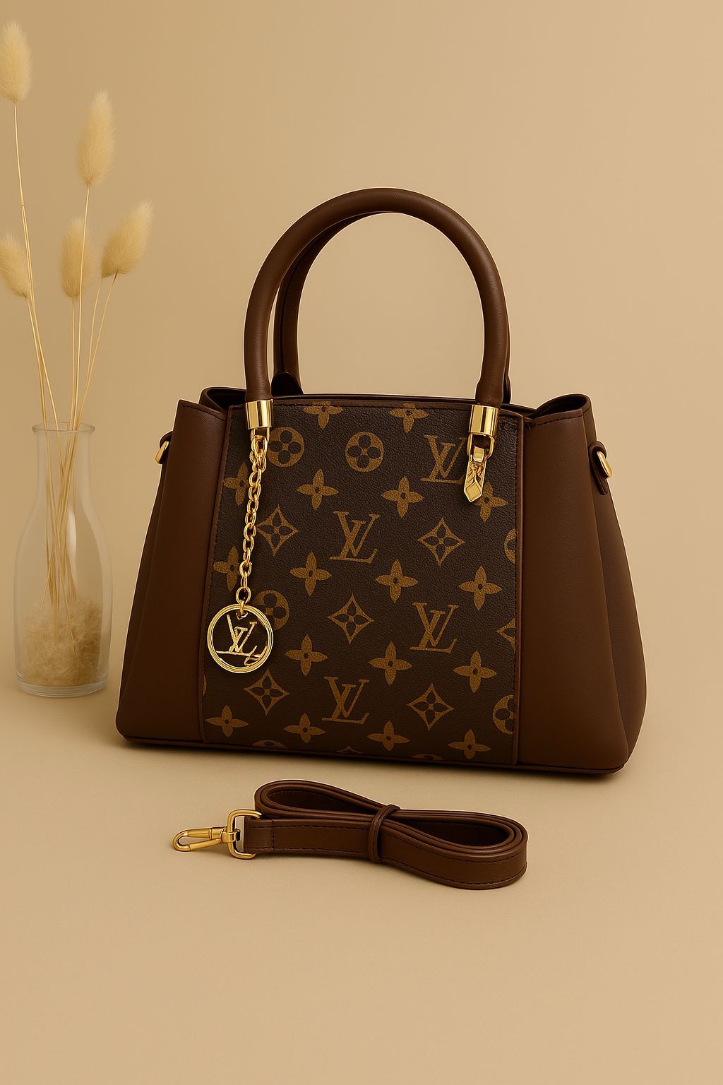 High Quality LV Handbag with Long Belt & Random Keychain