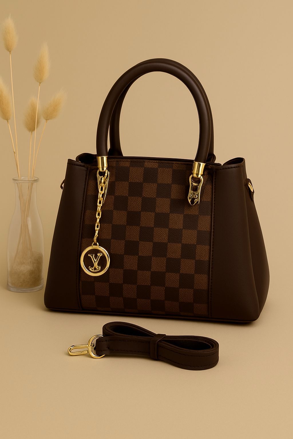 High Quality LV Handbag with Long Belt & Random Keychain