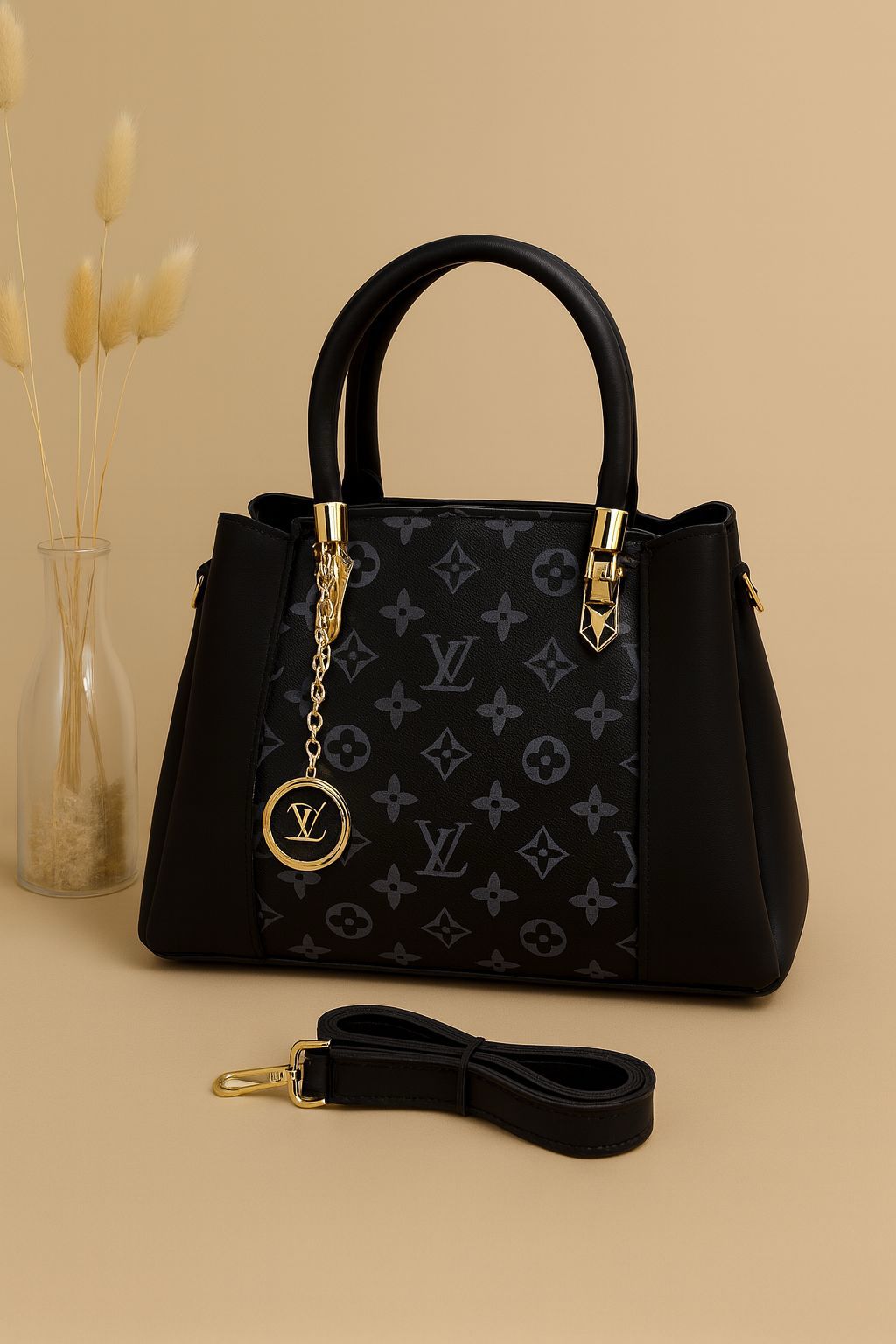 High Quality LV Handbag with Long Belt & Random Keychain