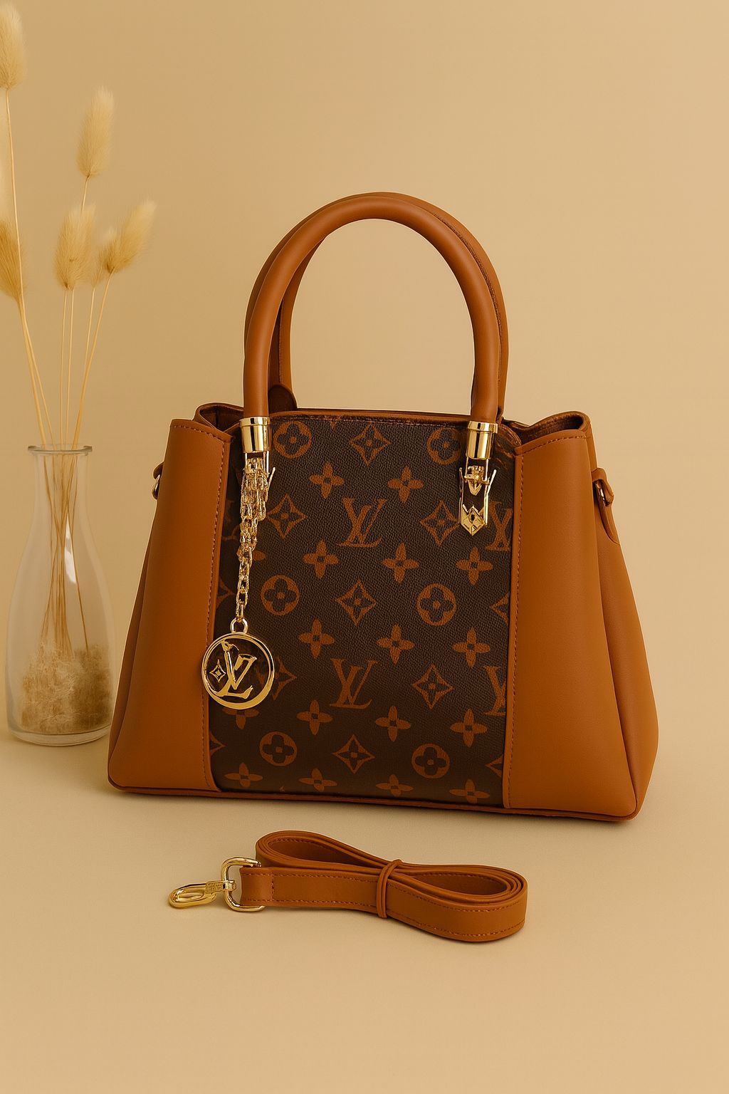 High Quality LV Handbag with Long Belt & Random Keychain