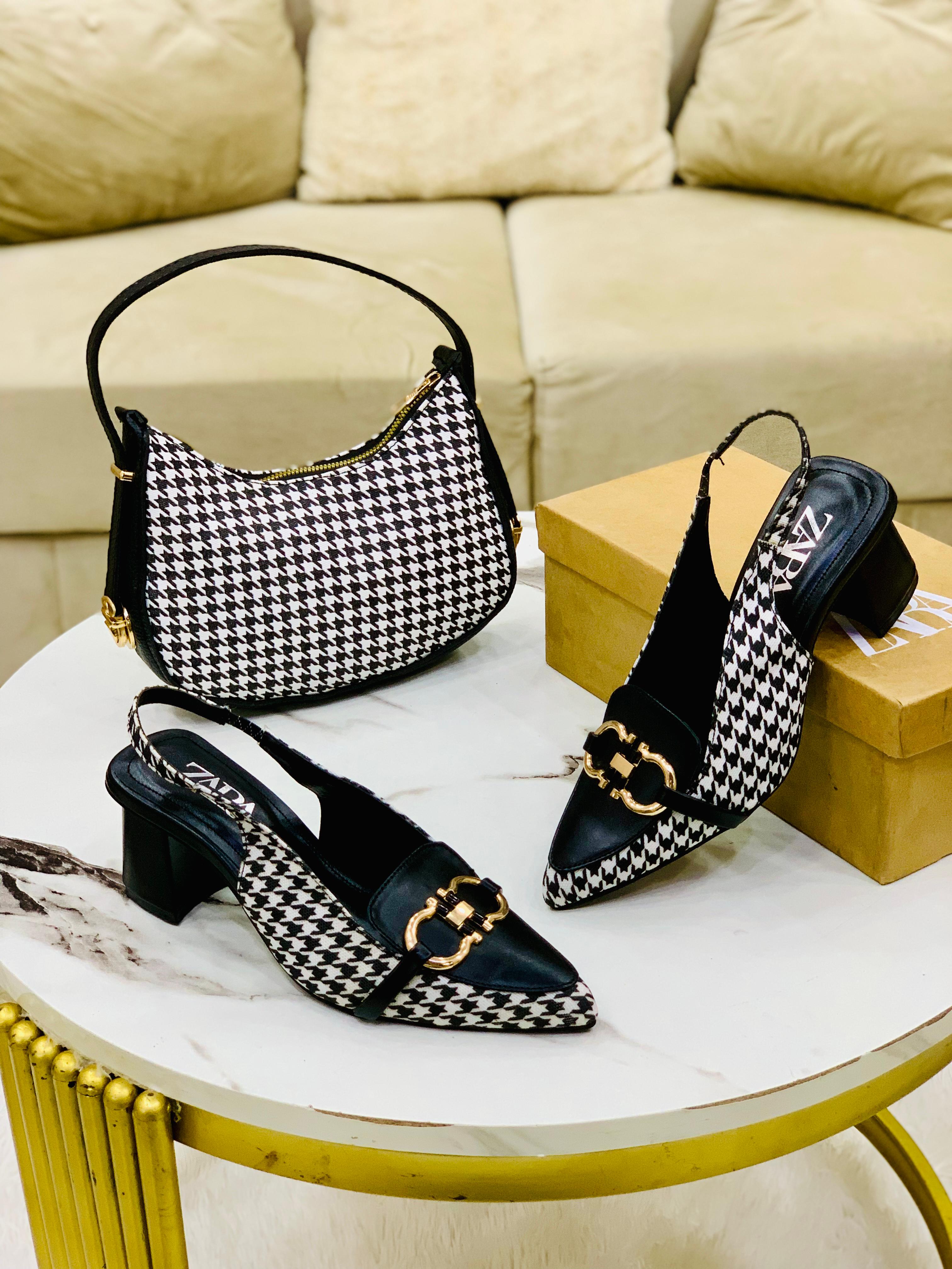 Re-Stock Zara Check Block Heel & Moon Shoulder Bag Combo