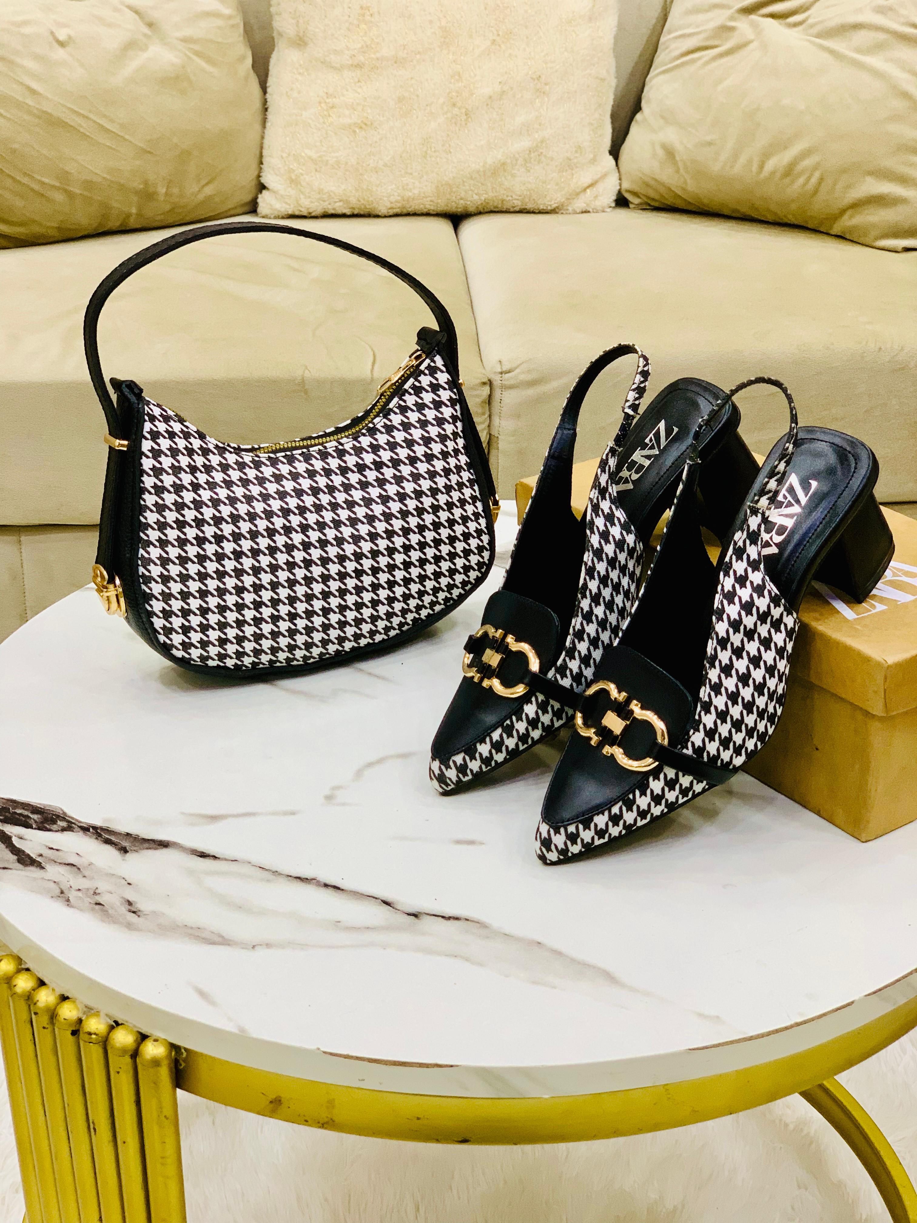 Re-Stock Zara Check Block Heel & Moon Shoulder Bag Combo