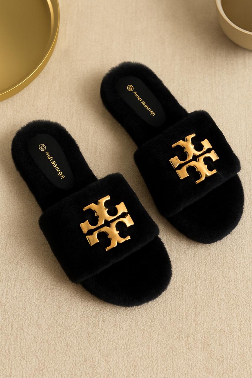 Tory Burch Black Fur Slippers