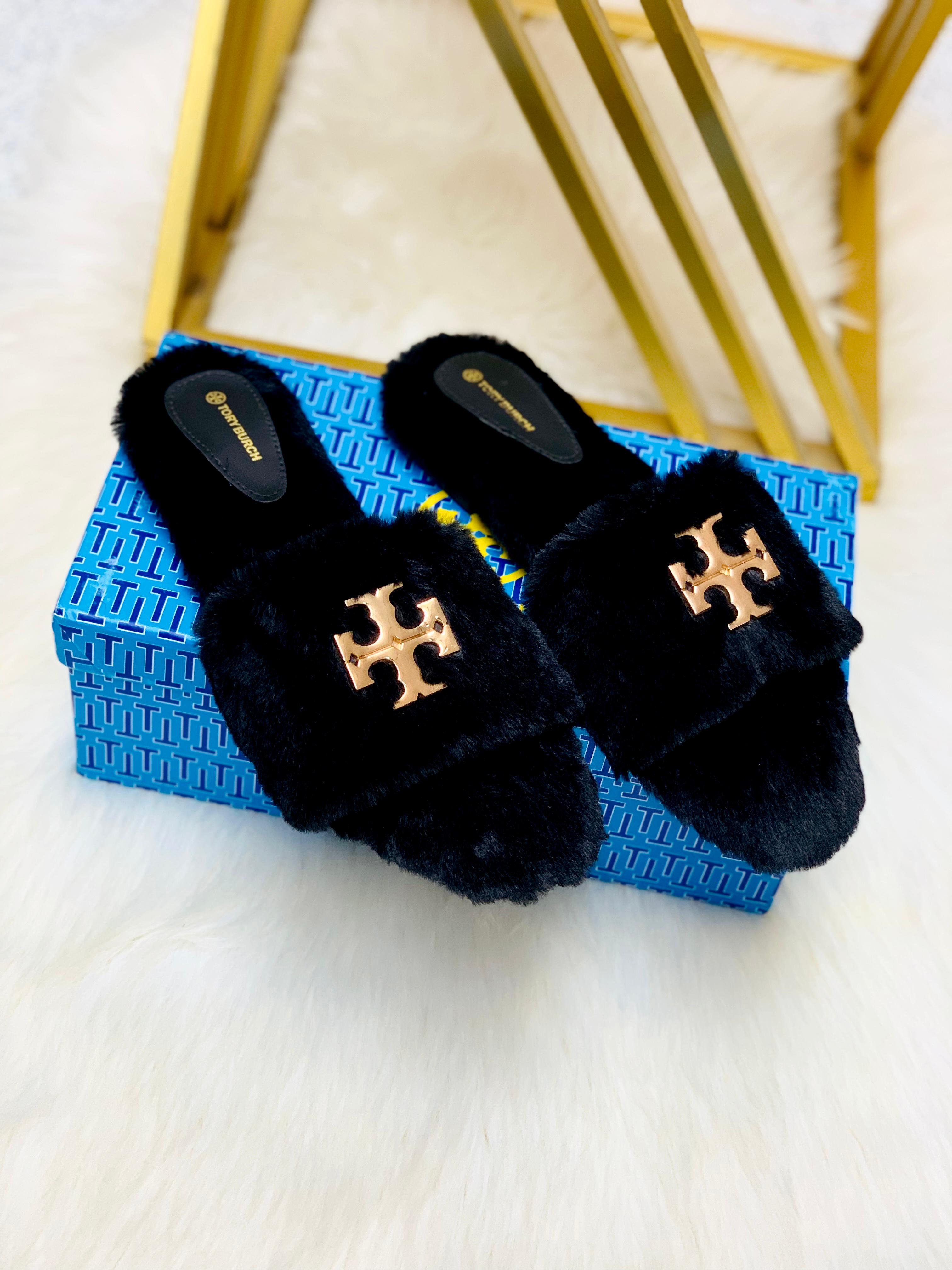 Tory Burch Black Fur Slippers