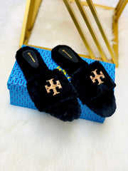 Tory Burch Black Fur Slippers