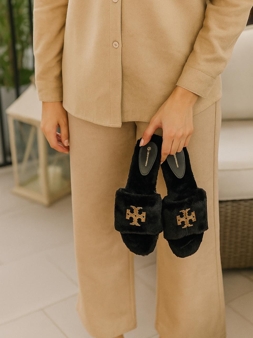 Tory Burch Black Fur Slippers